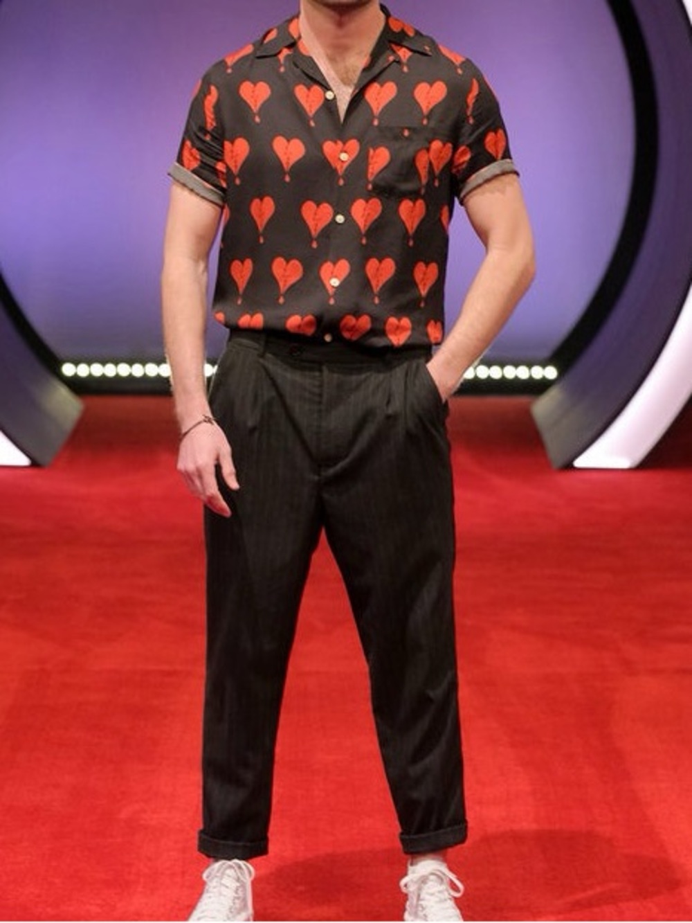 All Saints Black Short-Sleeve Button-Up Shirt with Red Broken Heart Print